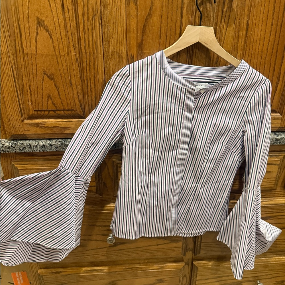 Milly Black and White Striped Bell Sleeve Blouse
